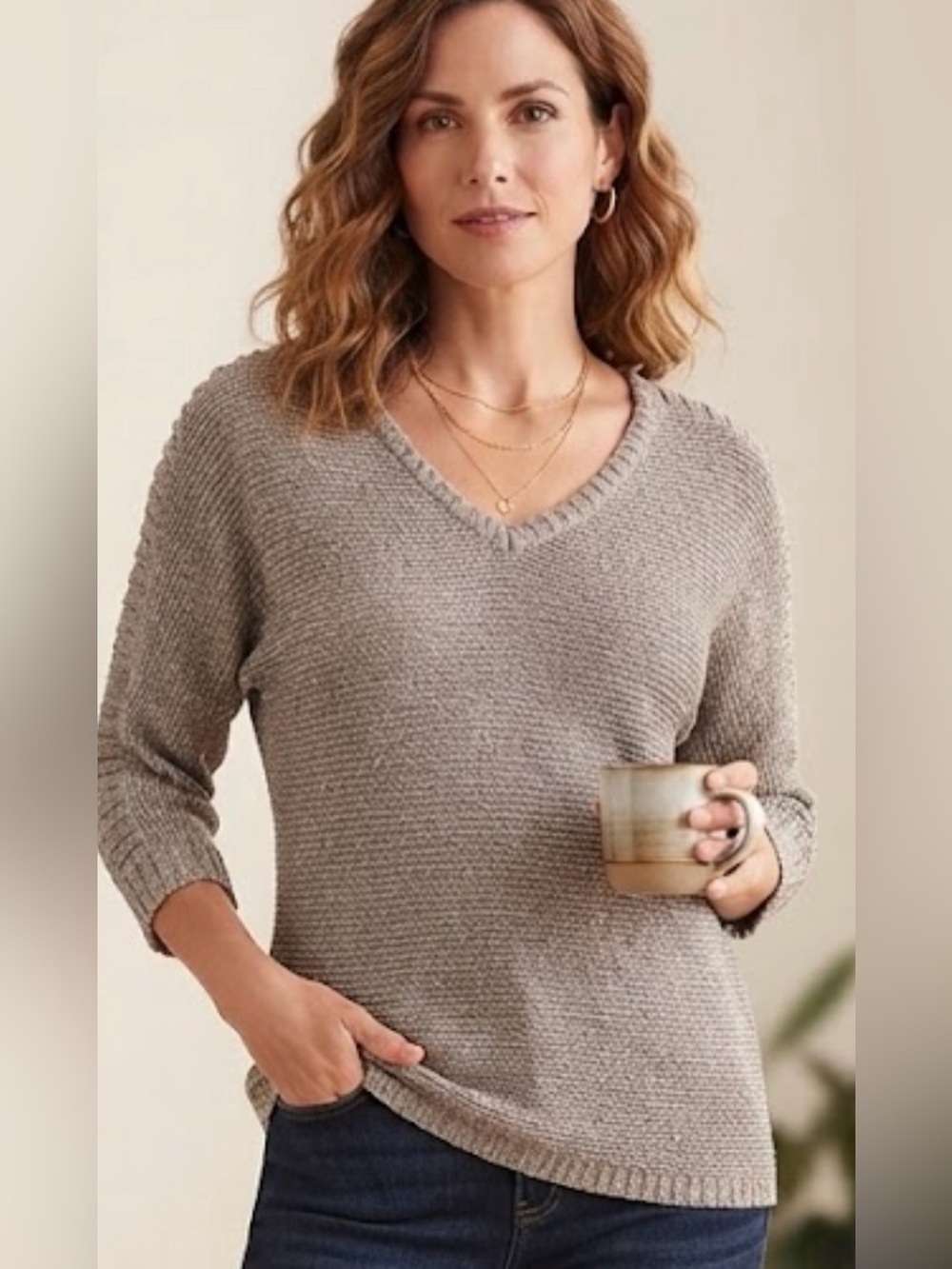 Chico's Neutral Taupe V-Neck Textured Knit Sweater Size 2